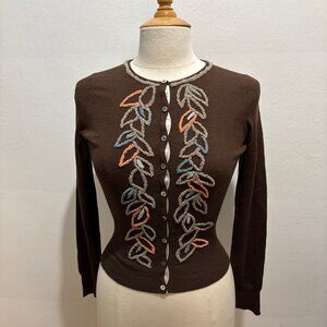 NWOT easel embroidered crew cardigan in brown silk/cashmere/cotton